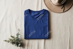 Blue folded shirt with hat and plant beige Product Image 1