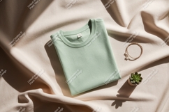 Folded pastel green t shirt with bracelet and plant Product Image 1