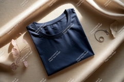 Folded navy t-shirt with jewelry and plant Product Image 1
