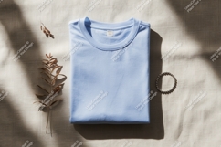 Folded blue t shirt with dried leaves and bracelet Product Image 1