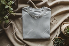 Folded grey t shirt with plants and jewelry Product Image 1
