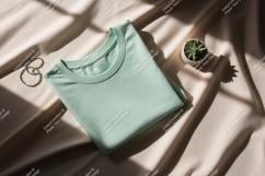 Mint green t shirt draped on fabric with succulent Product Image 1