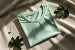 Mint green t-shirt with necklace and leaves Product Image 1