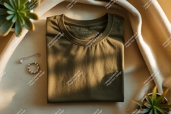 Olive green t shirt mockup with jewelry and plants Product Image 1