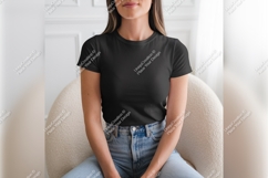 Woman In Black Tshirt Mockup On Chair Product Image 1