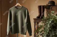 Olive green sweatshirt boots hat plant raglan sleeves Product Image 1