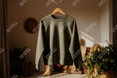 Olive green sweatshirt hanging indoors mockup clothing Product Image 1