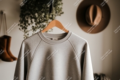 Grey sweatshirt hanging on wooden hanger raglan sleeves Product Image 1