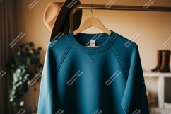Teal sweatshirt hanging on rack with boots and hat Product Image 1