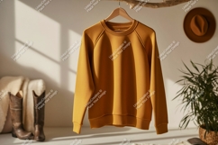 Mustard yellow sweatshirt hanging on branch mockup Product Image 1