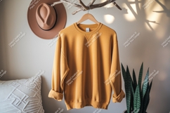 Mustard yellow sweatshirt mockup hanging garment Product Image 1