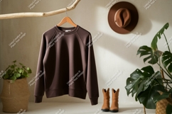 Brown sweatshirt hanging on branch raglan garment Product Image 1