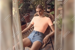 Woman Relaxing In Garden Tshirt Mockup Product Image 1