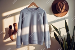 Light blue raglan sweatshirt hanging with boots and hat Product Image 1