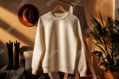 Creamy sweater hanging on rack clothing garment Product Image 1