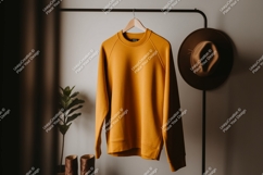 Mustard yellow sweatshirt hanging with brown hat clothing Product Image 1