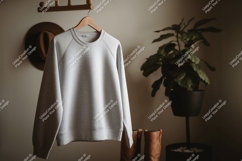 Light grey sweatshirt hanging on wooden hanger mockup Product Image 1