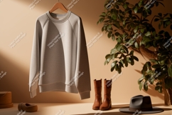 Light grey sweatshirt hanging with boots hat plant Product Image 1
