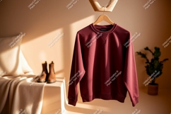 Maroon sweatshirt hanging on wooden hanger raglan sleeves Product Image 1