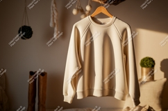 Creamy sweatshirt hanging on branch wood Product Image 1