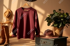 Maroon sweatshirt hanging with hat and boots image Product Image 1