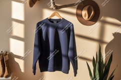 Dark blue sweatshirt hanging on branch with hat and boots Product Image 1