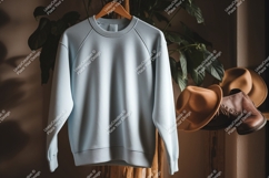 Light blue sweatshirt hanging with hats clothing apparel Product Image 1