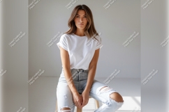 Woman Posing In White Tshirt Mockup And Jeans Product Image 1