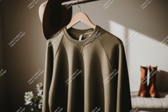 Olive green sweatshirt hanging with hat and boots image Product Image 1