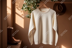 Cream sweatshirt hanging on wooden hanger clothing Product Image 1