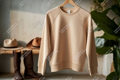 Beige sweatshirt hanging on wooden hanger clothing Product Image 1
