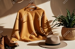 Mustard sweatshirt boots hat plant mockup clothing Product Image 1