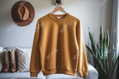 Mustard yellow sweatshirt hanging on wooden hanger Product Image 1