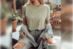 Woman Wearing Tshirt Mockup And Ripped Jeans Product Image 1