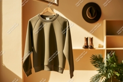 Olive green sweatshirt hanging on rack clothing apparel Product Image 1