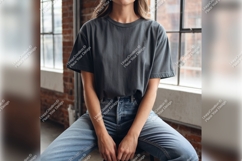 Woman In Grey Tshirt Mockup And Jeans Product Image 1