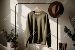 Olive green sweatshirt hanging on rack clothing apparel Product Image 1
