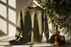 Olive green sweatshirt brown boots fedora image Product Image 1