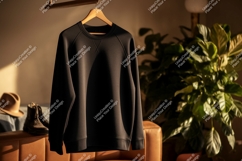 Black crewneck sweatshirt hanging indoors raglan garment Product Image 1