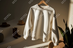 Cream sweatshirt hanging on wooden hanger clothing Product Image 1