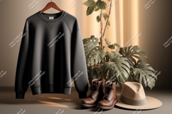 Dark grey sweatshirt with boots and hat mockup clothing Product Image 1