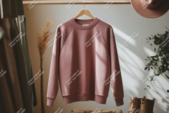 Pink sweatshirt hanging on wooden hanger clothing apparel Product Image 1
