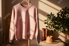 Pink sweatshirt hanging on wooden hanger clothing apparel Product Image 1