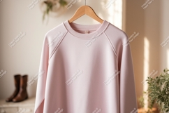 Pink sweatshirt hanging on wooden hanger clothing apparel Product Image 1