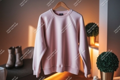 Pink sweatshirt hanging indoors clothing garment Product Image 1