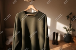Olive green sweatshirt hanging indoors garment clothing Product Image 1