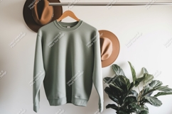 Sage green sweatshirt hanging with hats clothing apparel Product Image 1