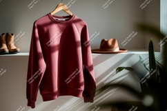 Maroon sweatshirt hanging with hat and boots clothing Product Image 1