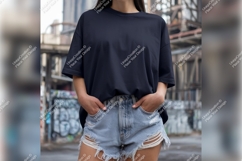 Woman In Oversized Tshirt Mockup And Denim Shorts Product Image 1