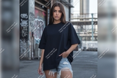 Woman In Oversized Black Tshirt Mockup Outdoors Product Image 1